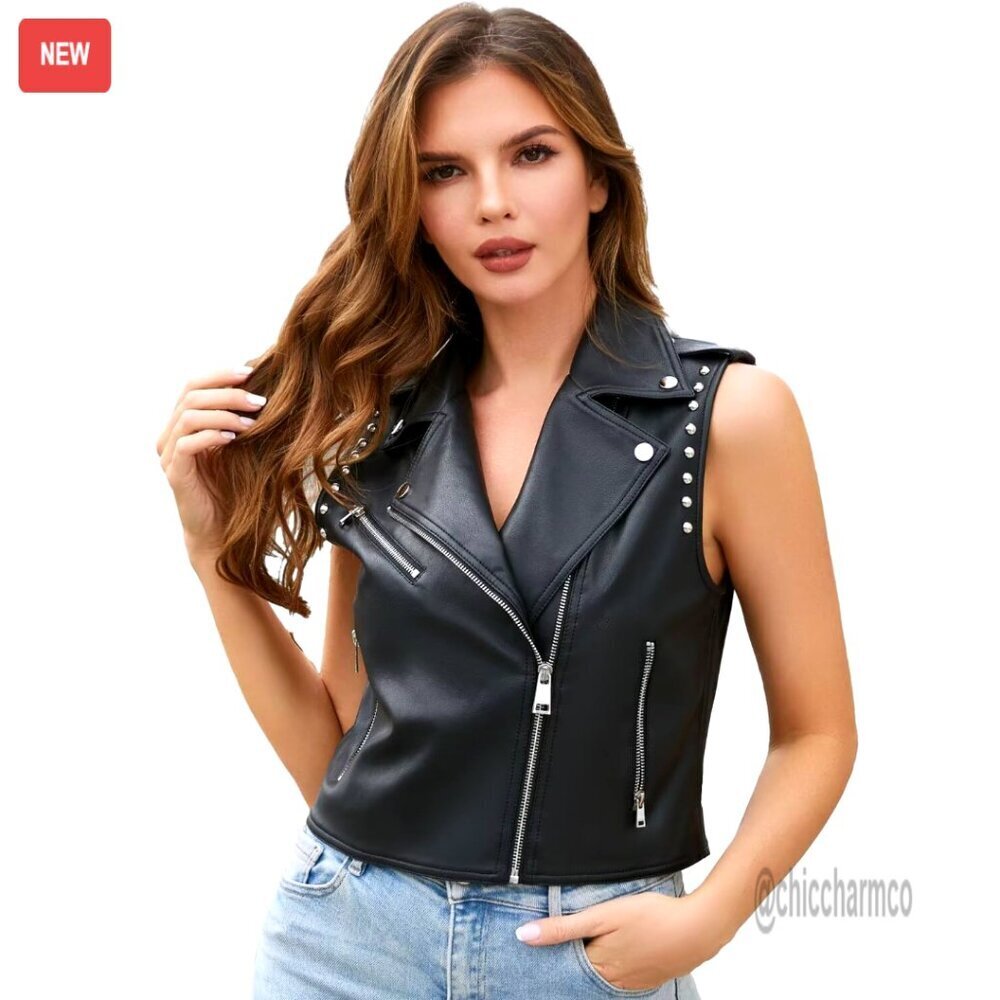 Faux Leather Biker Vest Rivet Detail Slim Fit Punk Rock Style Waistcoat